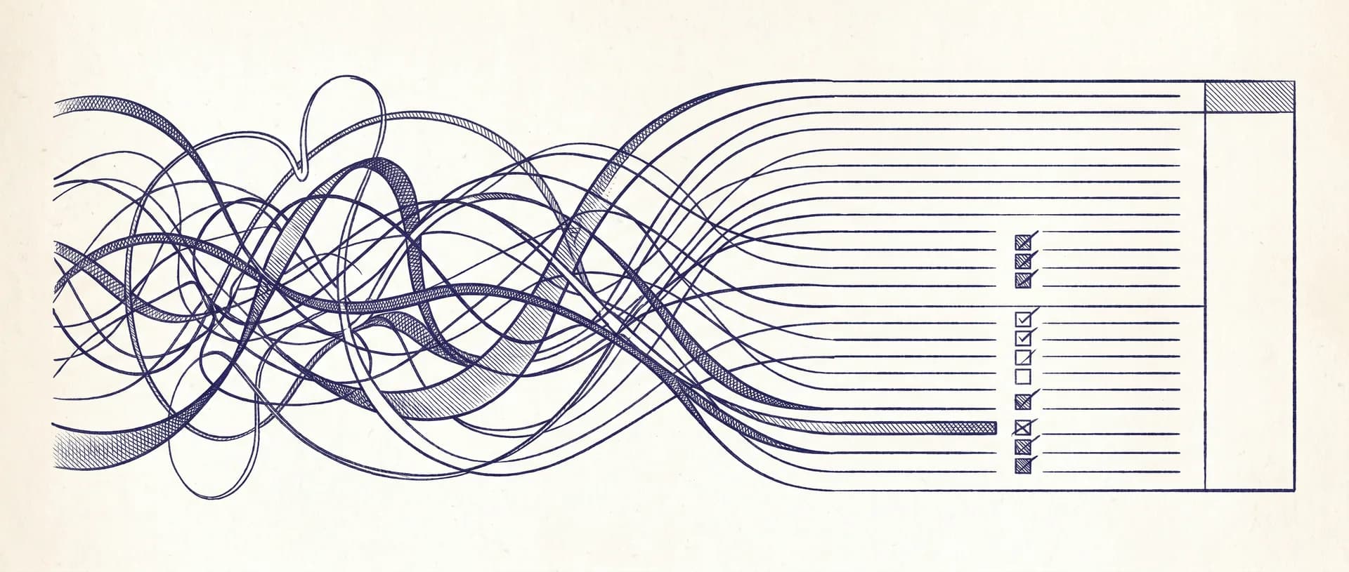 Gravure van verstrengelde geluidsgolven die zich ontvouwen tot de lijnen en checkboxes van een gestructureerd document