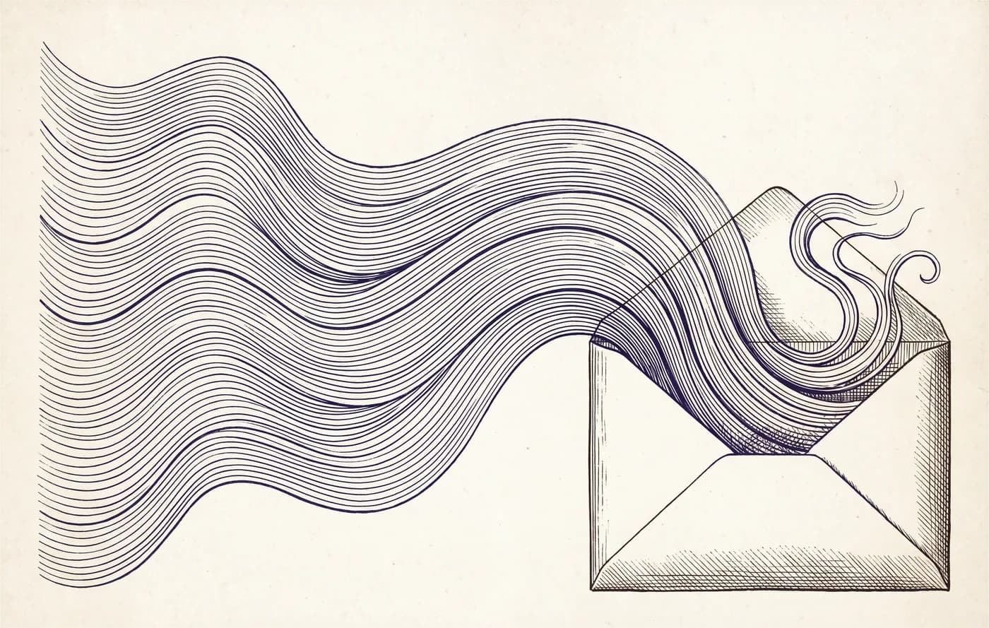 Line engraving of sound waves flowing into an open envelope