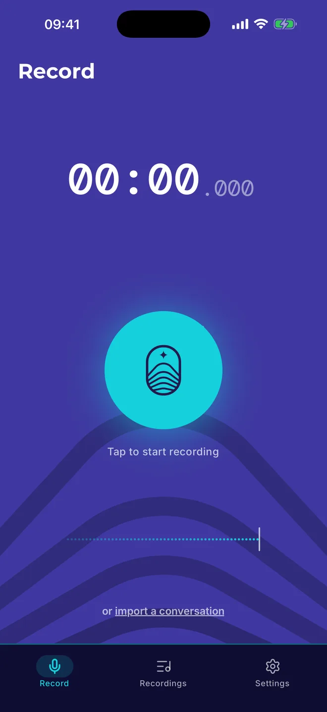 Der Aufnahmebildschirm der Neural Summary-App: ein großer türkiser Aufnahmeknopf unter dem Timer