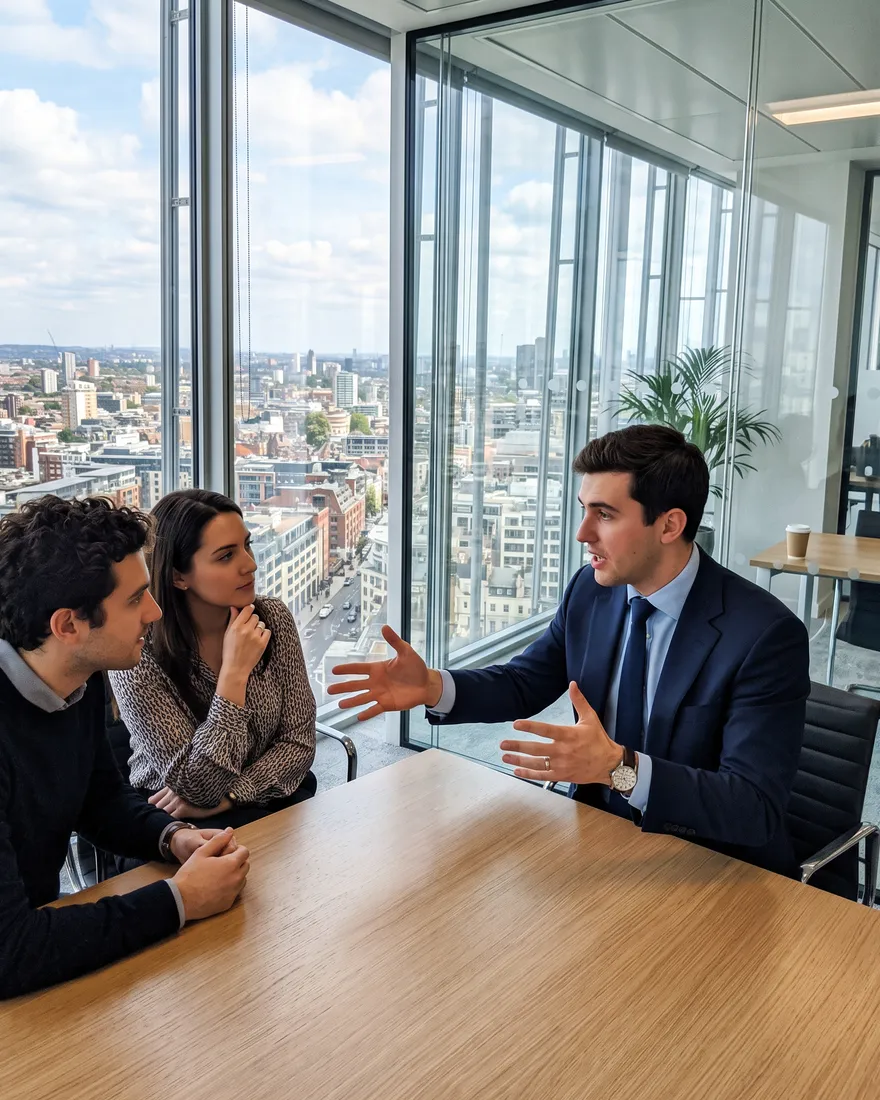A senior consultant in a bright office, in full discussion with two clients