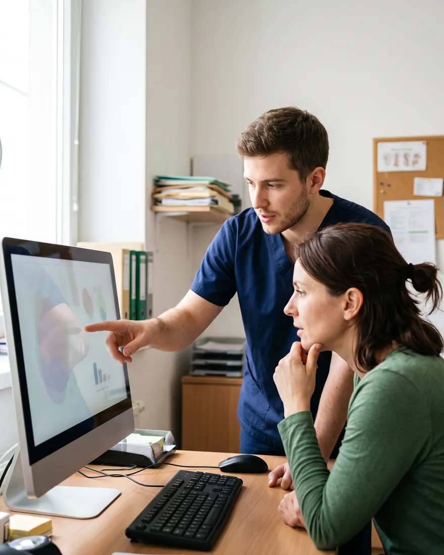 A doctor walking a patient through results on a screen