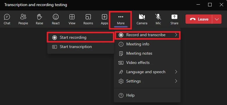 Microsoft Teams: the More actions menu open showing Start recording (or Record and transcribe)