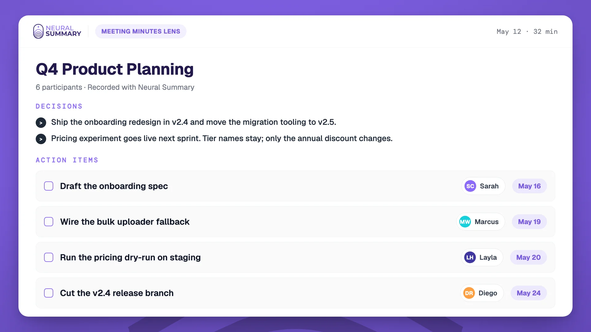 Neural Summary turning a meeting recording into a summary, decisions, and action items with owners