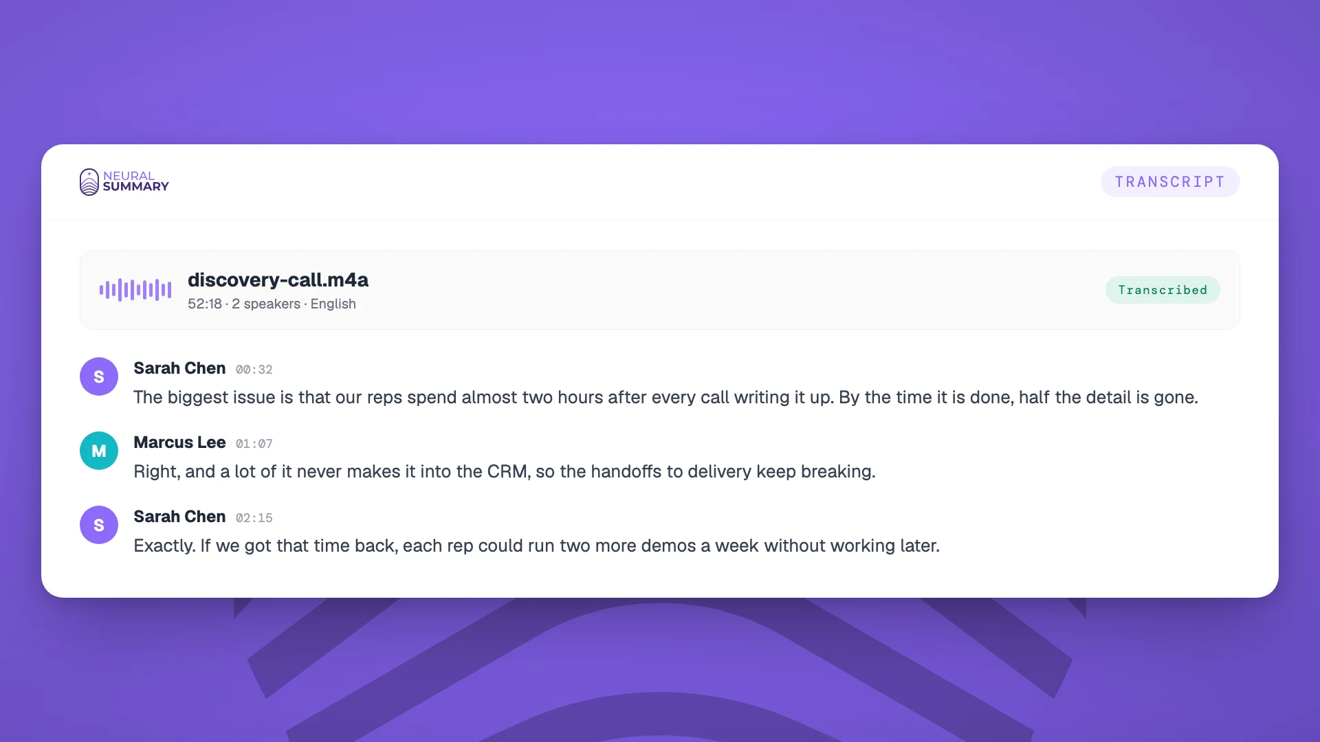 Uploading an audio file to Neural Summary and getting a speaker-labelled transcript